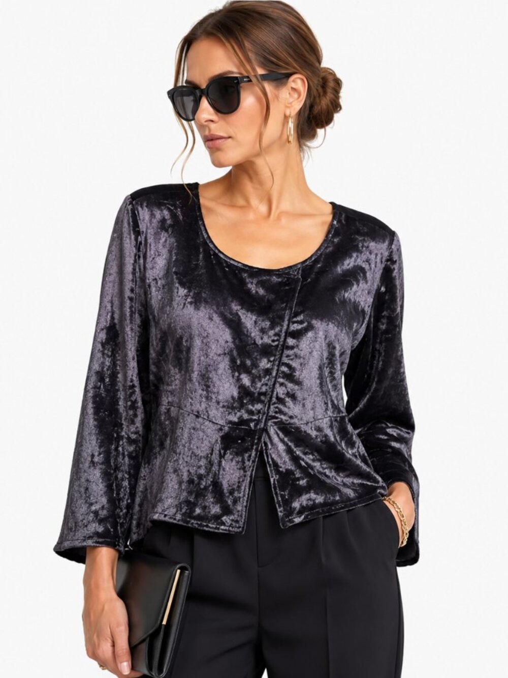 Soft Surroundings Velvet Blouse Purple Embroidered‎ Boho Luxe Chic Women's S